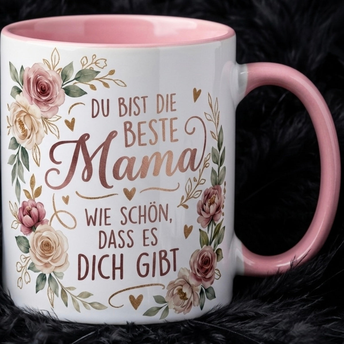 Mama Tasse Spruch Du bist die beste Mama Wie schön dass es dich gibt – Geschenk für Mutter Muttertag Geburtstag Danke Weihnachten – Kaffeetasse Blumen – Keramik Becher Weiß Rosa 330ml