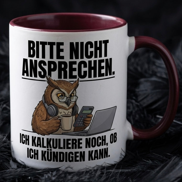 Lustige Eule Tasse Spruch Bitte nicht ansprechen Ich kalkuliere noch ob ich kündigen kann – Witzige Kaffeetasse Büro Arbeit Job Finanzen Buchhaltung – Geschenk Kollegen – Keramik 330ml