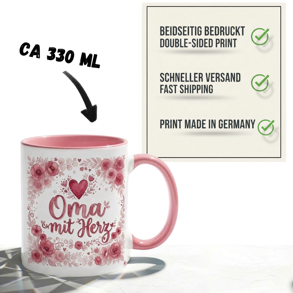 Oma Tasse Spruch Oma mit Herz – Geschenk für Großmutter Geburtstag Danke Weihnachten Enkelkinder – Kaffeetasse Blumenmotiv Rosen – Keramik Becher Weiß Rosa 330ml
