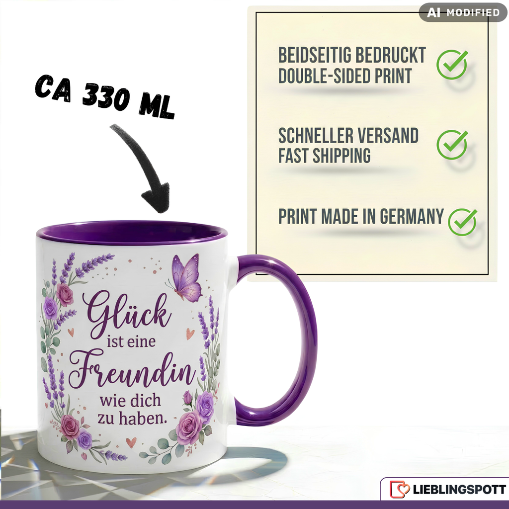 Freundin Tasse Spruch Glück Geschenk Danke Geburtstag Lila Becher 330ml