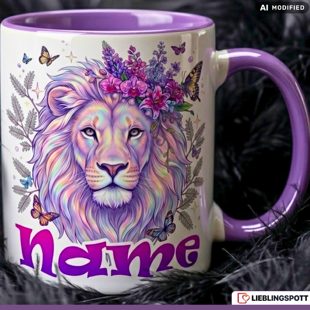 Löwe Tasse Name personalisiert Geschenk Mädchen Lila Becher 330ml