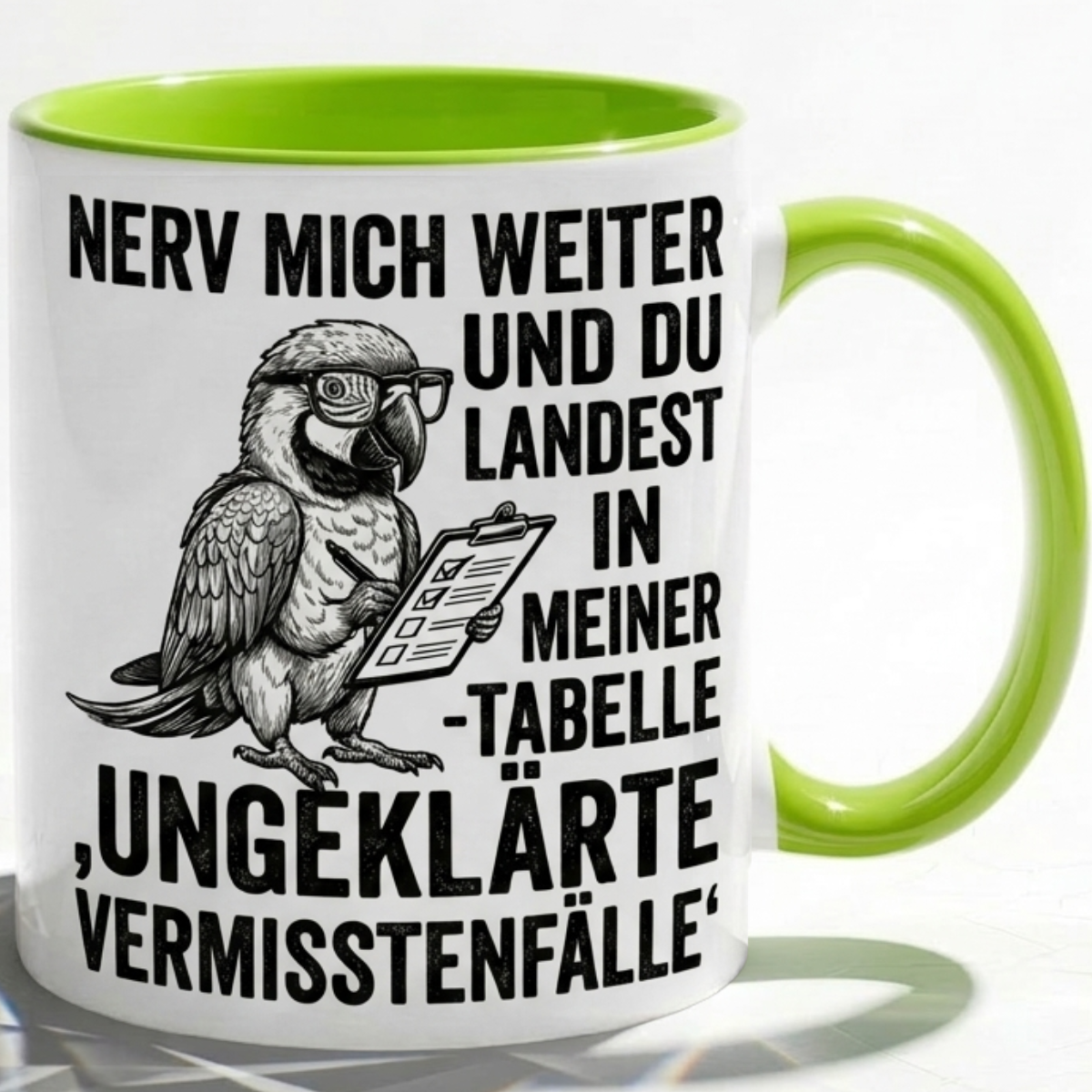 Lustige Papagei Tasse Spruch Nerv mich weiter und du landest in meiner Tabelle – Witzige Kaffeetasse Büro Arbeit Job Finanzen Controlling – Geschenk Kollegen – Keramik 330ml