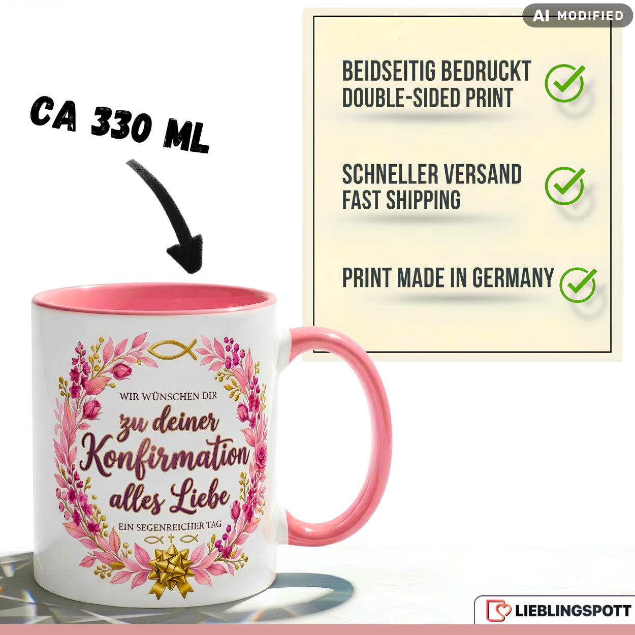 Konfirmation Tasse Spruch Geschenk alles Liebe Rosa Becher 330ml