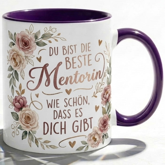 Mentorin Tasse Spruch Du bist die beste Mentorin Wie schön dass es dich gibt – Geschenk für Vorgesetzte Geburtstag Danke Abschied Weihnachten – Kaffeetasse Blumen – Keramik Becher Weiß Lila 330ml