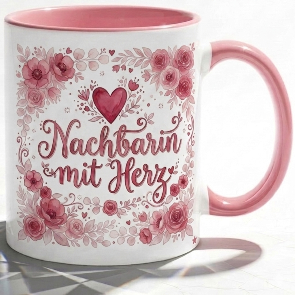 Nachbarin Tasse Spruch Nachbarin mit Herz – Geschenk für Nachbarin Geburtstag Einzug Umzug Danke Abschied – Liebevolle Kaffeetasse Blumen Muster – Keramik Becher Weiß Rosa 330ml