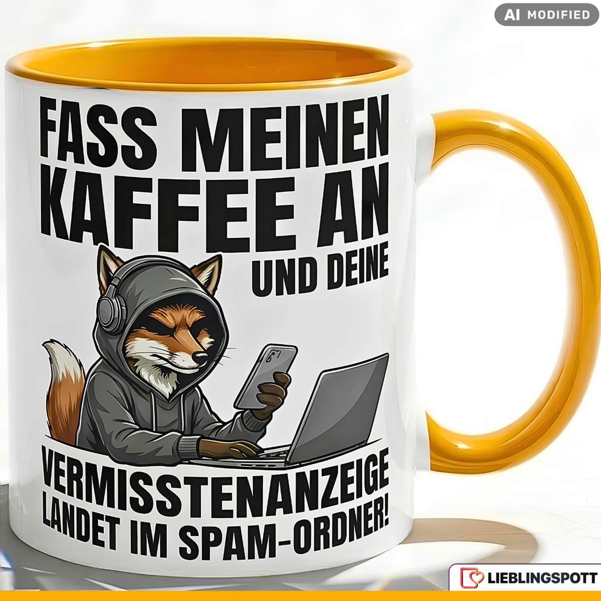 Fuchs Tasse Spruch Fass meinen Kaffee an Vermisstenanzeige landet im Spam-Ordner – Witzige Kaffeetasse Büro Arbeit Job IT Hacker Humor – Geschenk Kollegen – Keramik Becher 330ml
