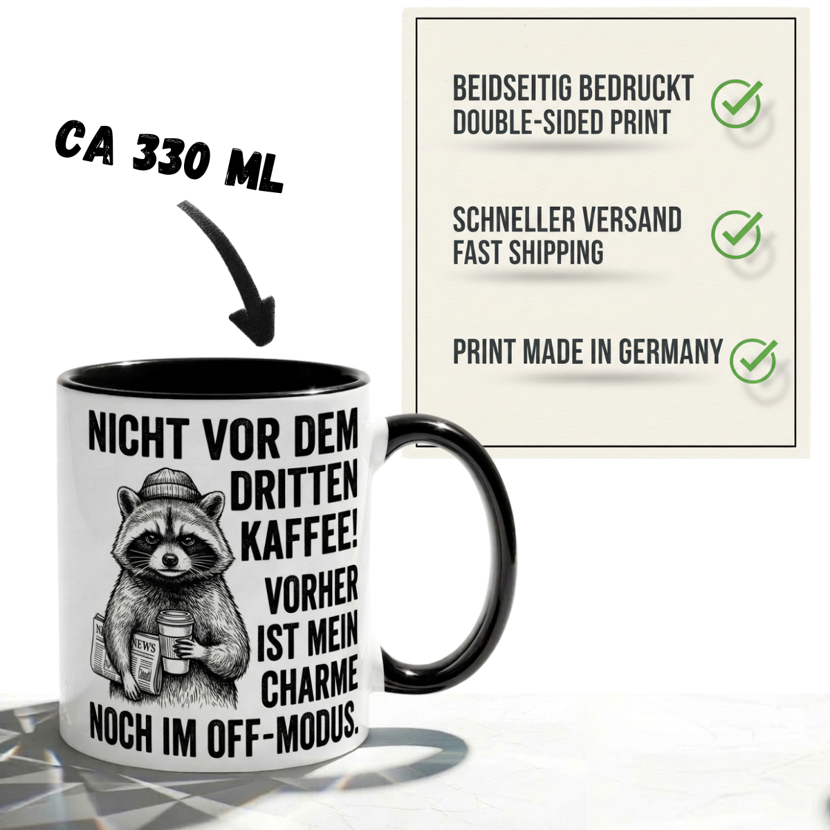Waschbär Tasse Spruch Nicht vor dem dritten Kaffee Vorher Charme im Off-Modus – Witzige Kaffeetasse Büro Arbeit Job Humor Morgenmuffel – Geschenk Kollegen – Keramik Becher 330ml