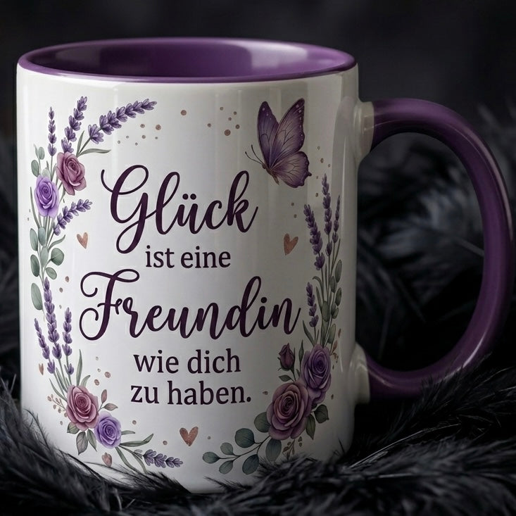 Freundin Tasse Spruch Glück ist eine Freundin wie dich zu haben – Geschenk für beste Freundin Geburtstag Danke Weihnachten Abschied – Kaffeetasse Lavendel – Becher Weiß Lila 330ml