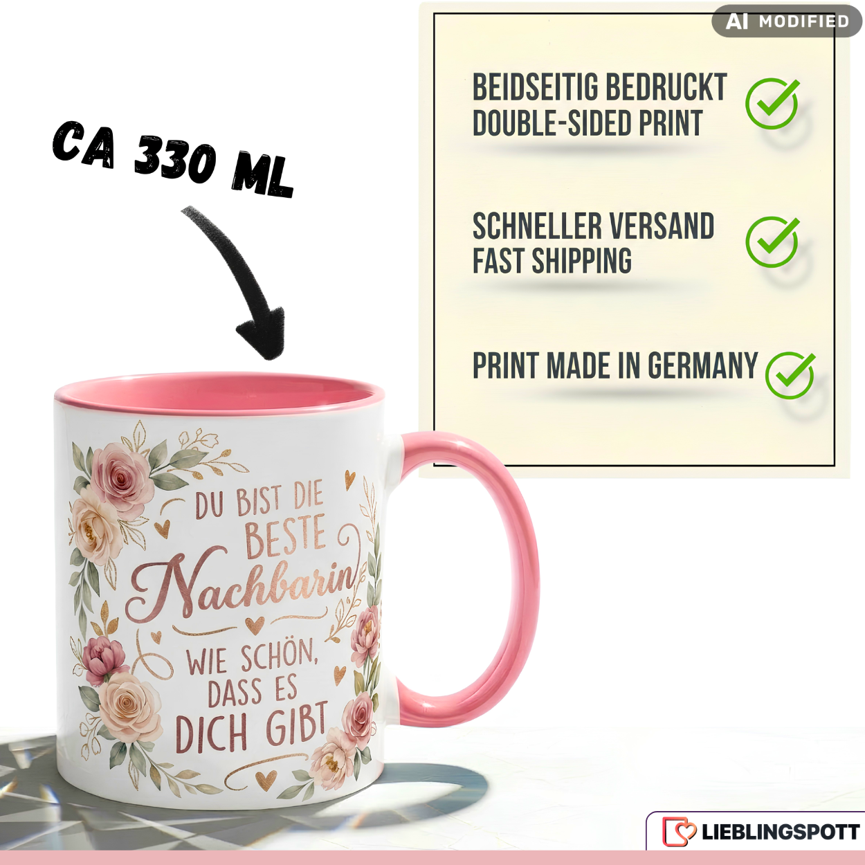 Nachbarin Tasse Spruch Beste Geschenk Danke Geburtstag Rosa Becher 330ml