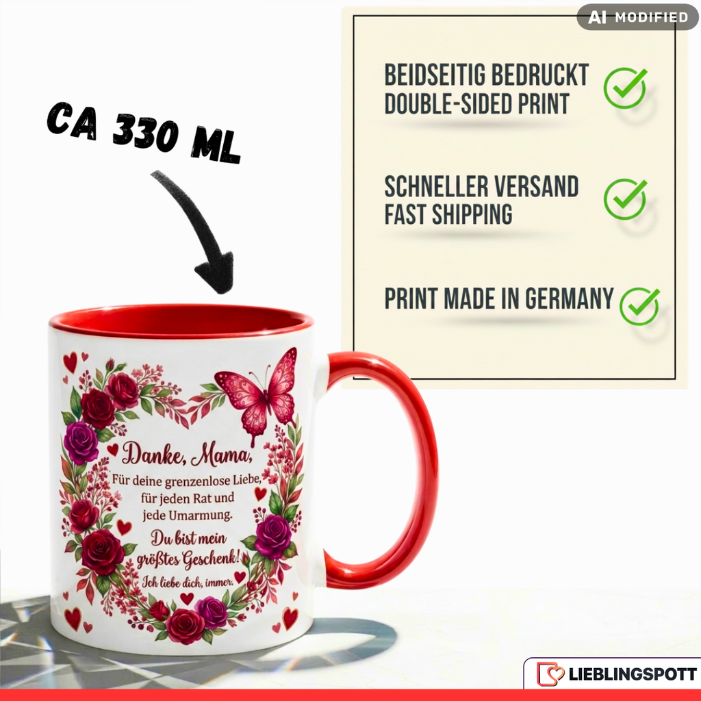 Mama Tasse Spruch Danke Geschenk Muttertag Geburtstag Rot Kaffeetasse 330ml