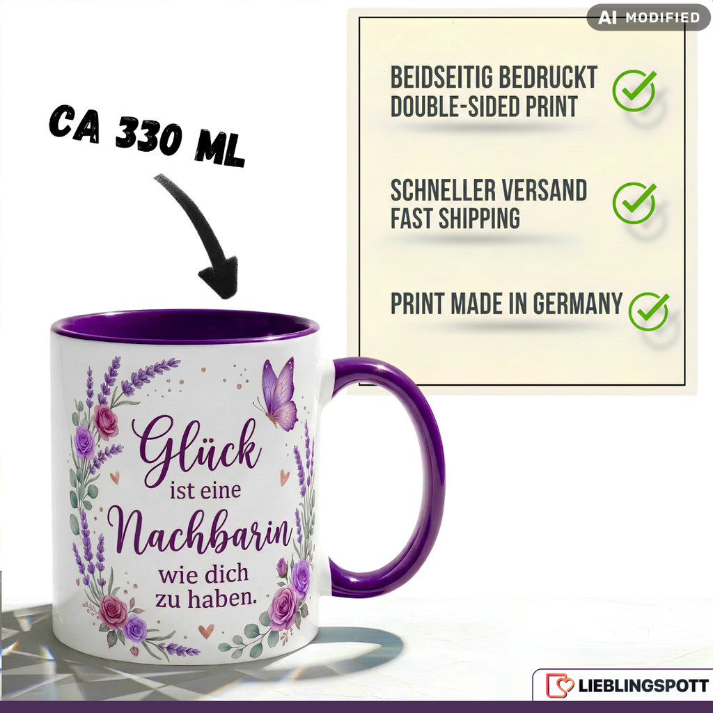 Nachbarin Tasse Spruch Glück Geschenk Danke Geburtstag Rosa Becher 330ml