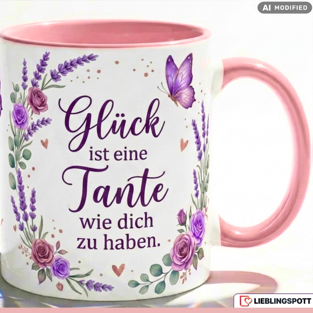 Tante Tasse Spruch Glück Geschenk Danke Geburtstag Lila Becher 330ml