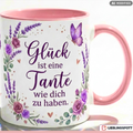 Tante Tasse Spruch Glück Geschenk Danke Geburtstag Lila Becher 330ml