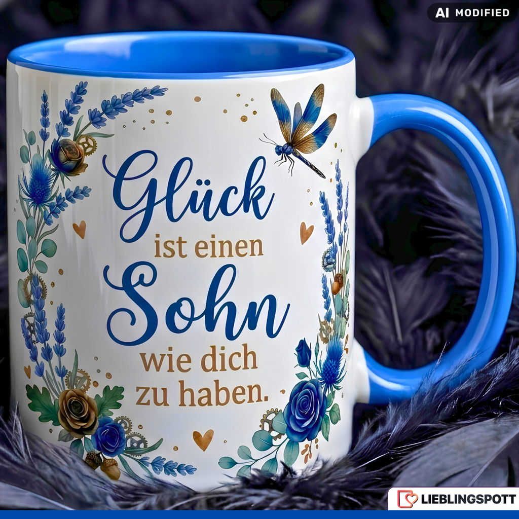 Sohn Tasse Spruch Glück Geschenk Geburtstag Blau Kaffeetasse 330ml