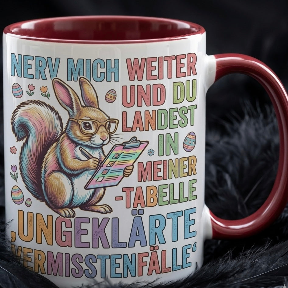 Bürotasse Spruch Nerv mich weiter und du landest in meiner Tabelle ungeklärte Vermisstenfälle – Lustiges Geschenk Kollegen Büro Humor Eichhörnchen – Kaffeetasse – Keramik Becher 330ml
