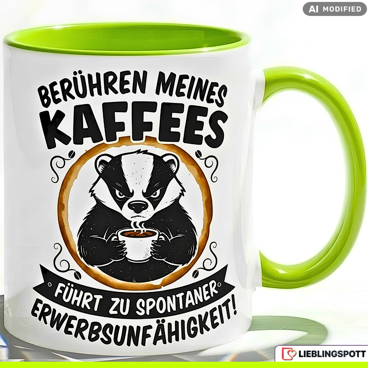 Lustige Dachs Tasse Spruch Berühren meines Kaffees führt zu spontaner Erwerbsunfähigkeit – Witzige Kaffeetasse Büro Arbeit Job – Geschenk Kollegen Chef Humor – Keramik 330ml