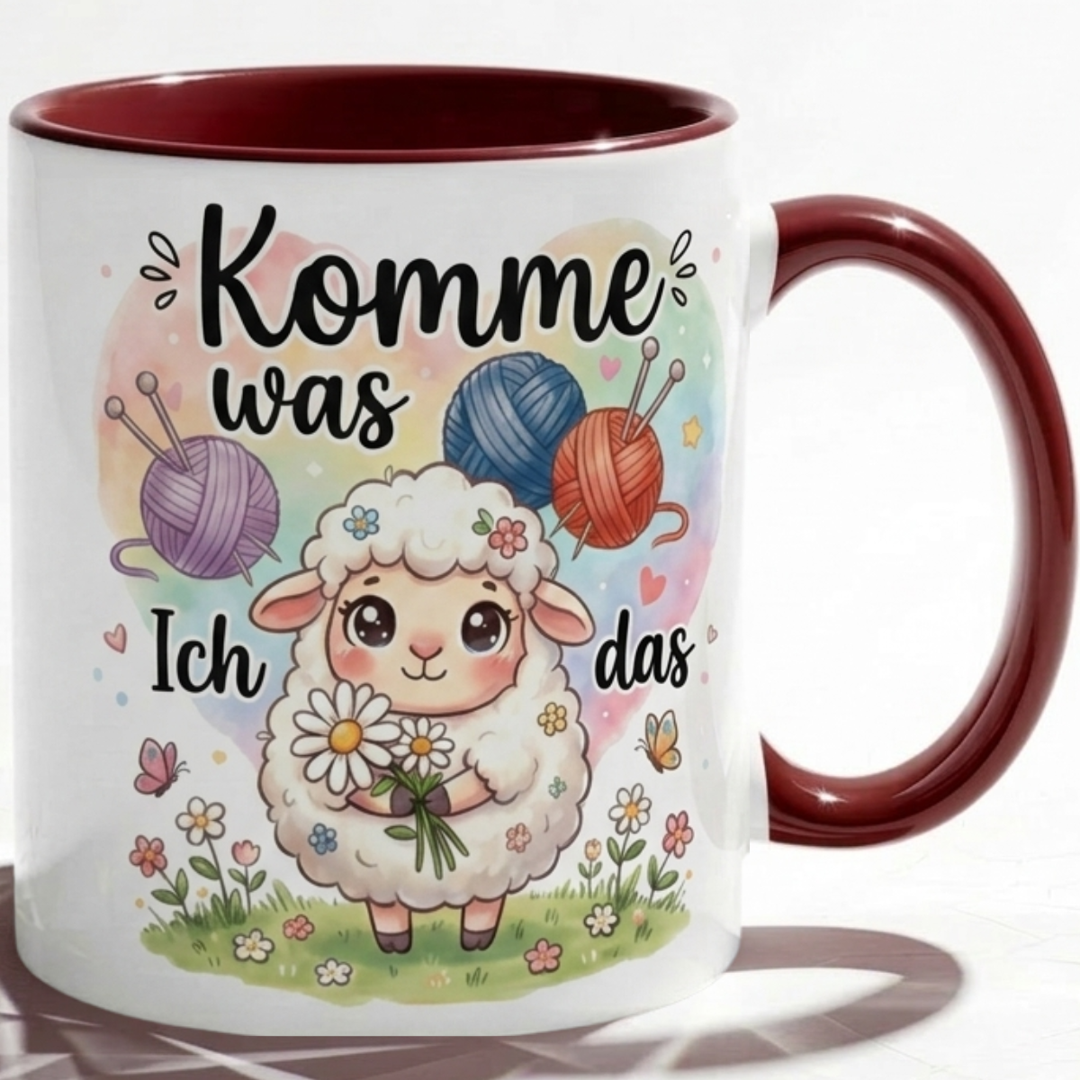 Lustige Schaf Tasse Spruch Komme was wolle Ich schaf das – Witzige Kaffeetasse Stricken Häkeln Wolle Handarbeit Motiv – Geschenk Freundin Geburtstag Mutmacher – Keramik Becher 330ml