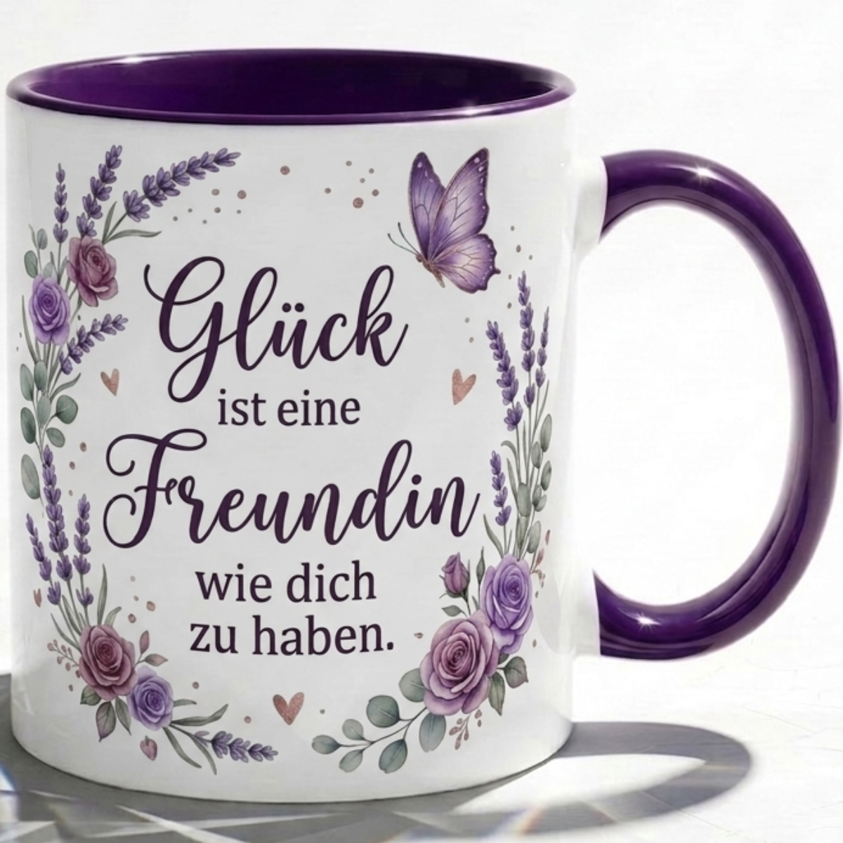 Freundin Tasse Spruch Glück ist eine Freundin wie dich zu haben – Geschenk für beste Freundin Geburtstag Danke Weihnachten Abschied – Kaffeetasse Lavendel – Becher Weiß Lila 330ml