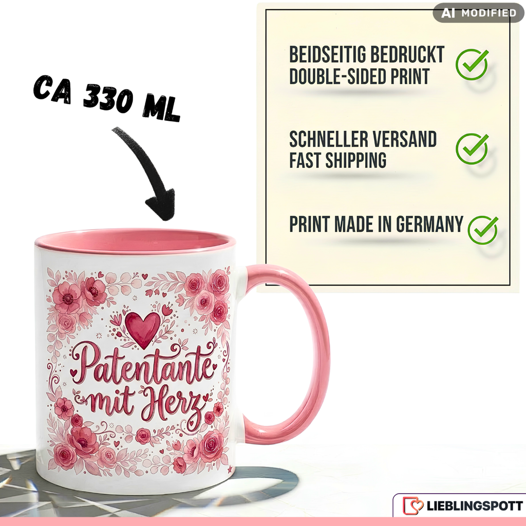 Patentante Tasse mit Herz Spruch Geschenk Geburtstag Rosa Becher 330mla
