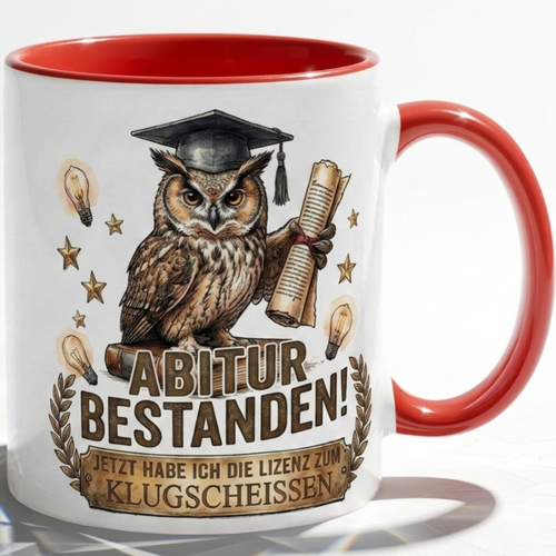 Abitur Tasse Spruch Abitur Bestanden Jetzt habe ich die Lizenz zum Klugscheissen – Lustiges Geschenk Abi Prüfung Schulabschluss 2027 Eule – Kaffeetasse – Keramik Becher Weiß Rot Dunkelrot 330m