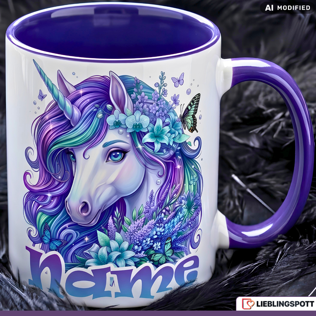 Einhorn Tasse Name personalisiert Geschenk Mädchen Lila Becher 330ml