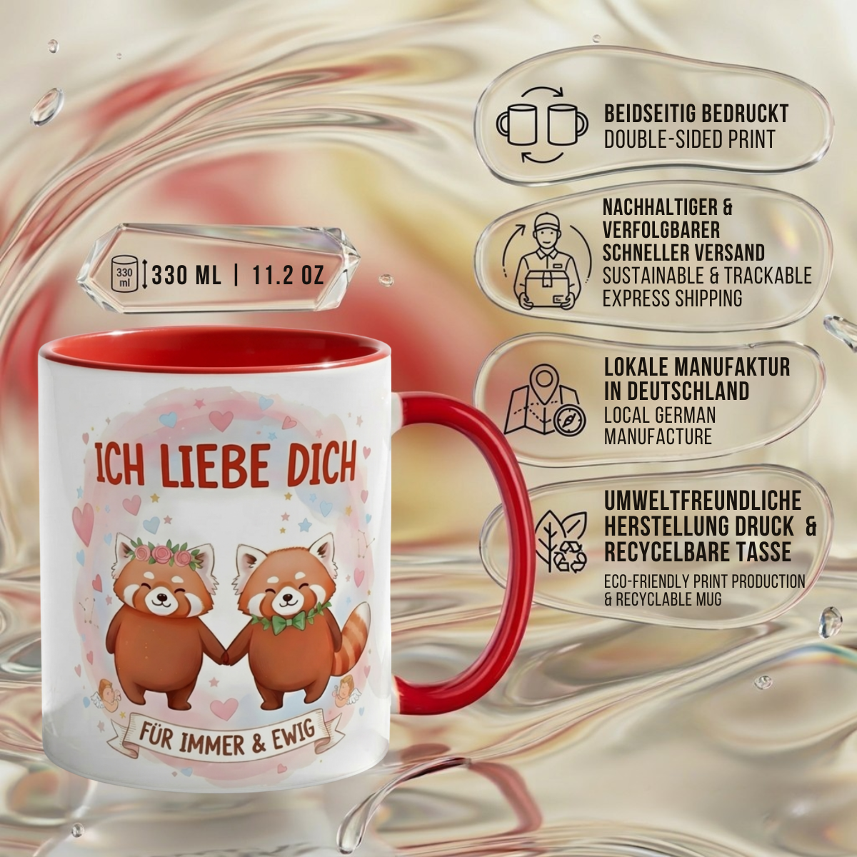 Lustige Roter Panda Tasse Spruch Ich liebe dich für immer & ewig – Romantische Kaffeetasse Valentinstag Jahrestag Hochzeitstag – Geschenk für Freund Freundin Partner – Keramik  330ml