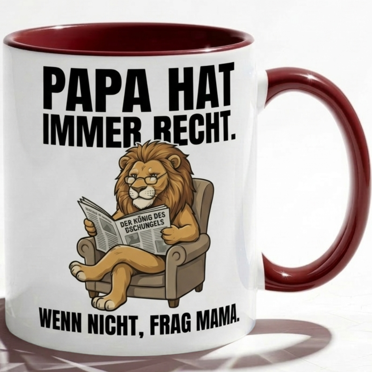 Lustige Papa Tasse Spruch Papa hat immer recht Wenn nicht frag Mama – Witziges Geschenk für Vater zum Vatertag Geburtstag Weihnachten – Löwe König – Keramik Becher 330ml