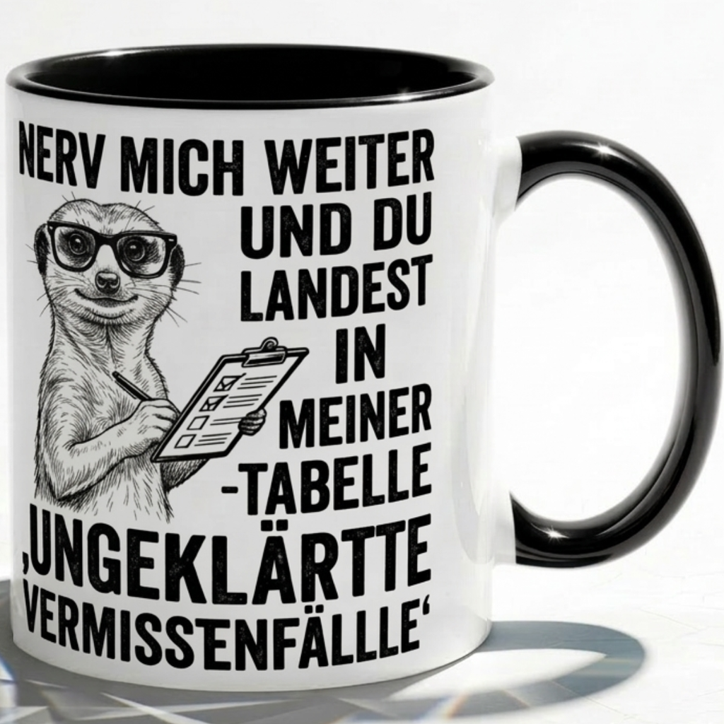 Lustige Erdmännchen Tasse Spruch Nerv mich weiter Tabelle Ungeklärte Vermisstenfälle – Witzige Kaffeetasse Büro Arbeit Job Humor – Geschenk Kollegen Chef – Keramik Becher  330ml