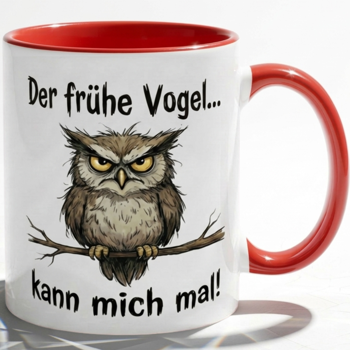 Eule Tasse Spruch Der frühe Vogel kann mich mal – Witzige Kaffeetasse Büro Arbeit Job Morgenmuffel Humor – Geschenk Kollegen Chef – Keramik Becher 330ml