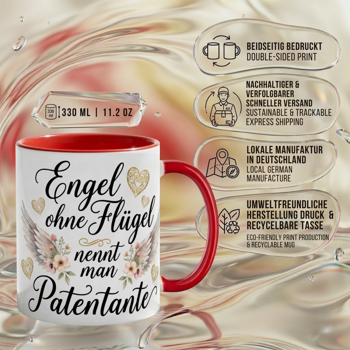 Patentante Tasse Geschenk Engel ohne Flügel Spruch Liebe Blumen Herz Taufe Baby