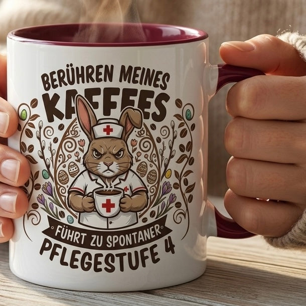 Pflege Tasse Spruch Berühren meines Kaffees führt zu spontaner Pflegestufe 4 – Witzige Kaffeetasse Krankenschwester Altenpflege Beruf Humor – Geschenk Kollegen – Keramik 330ml
