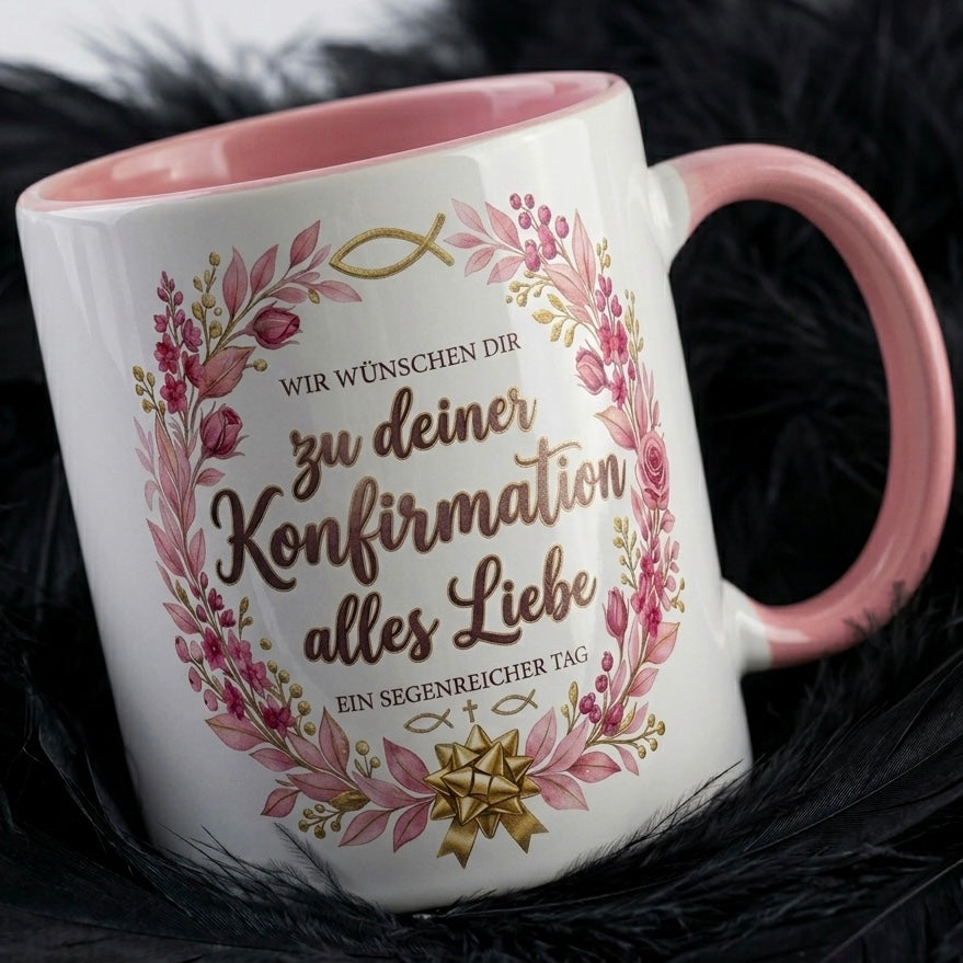 Konfirmation Tasse Spruch Wir wünschen dir zu deiner Konfirmation alles Liebe – Christliches Geschenk für Mädchen Teenager Patenkind 2027 – Kaffeetasse Blumen – Keramik Becher Weiß Rosa 330m