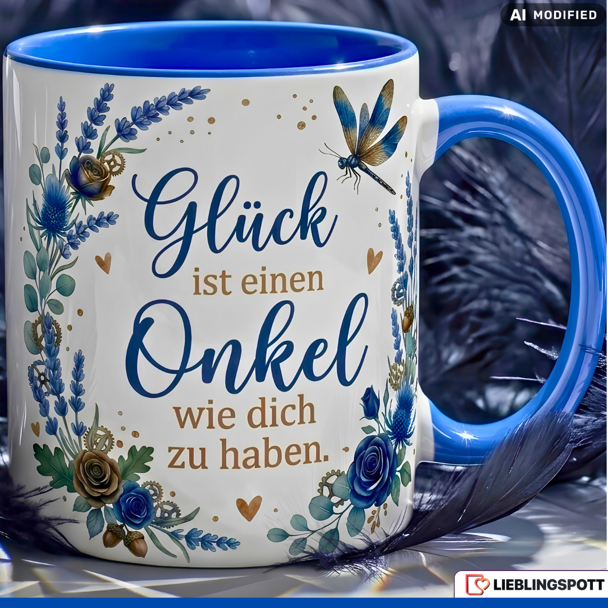 Onkel Tasse Spruch Glück Geschenk Danke Geburtstag Blau Becher 330ml