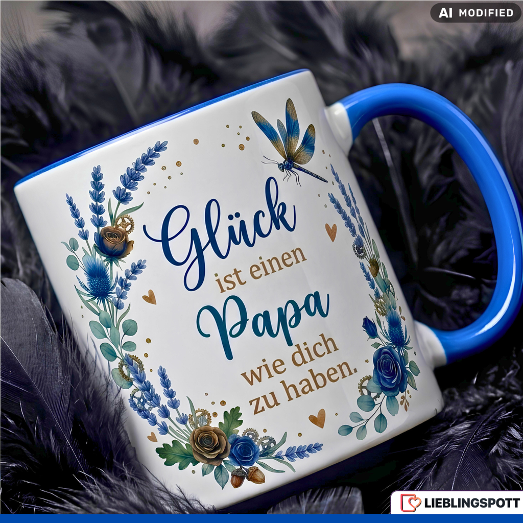 Papa Tasse Spruch Glück Geschenk Vatertag Geburtstag Blau Becher 330ml