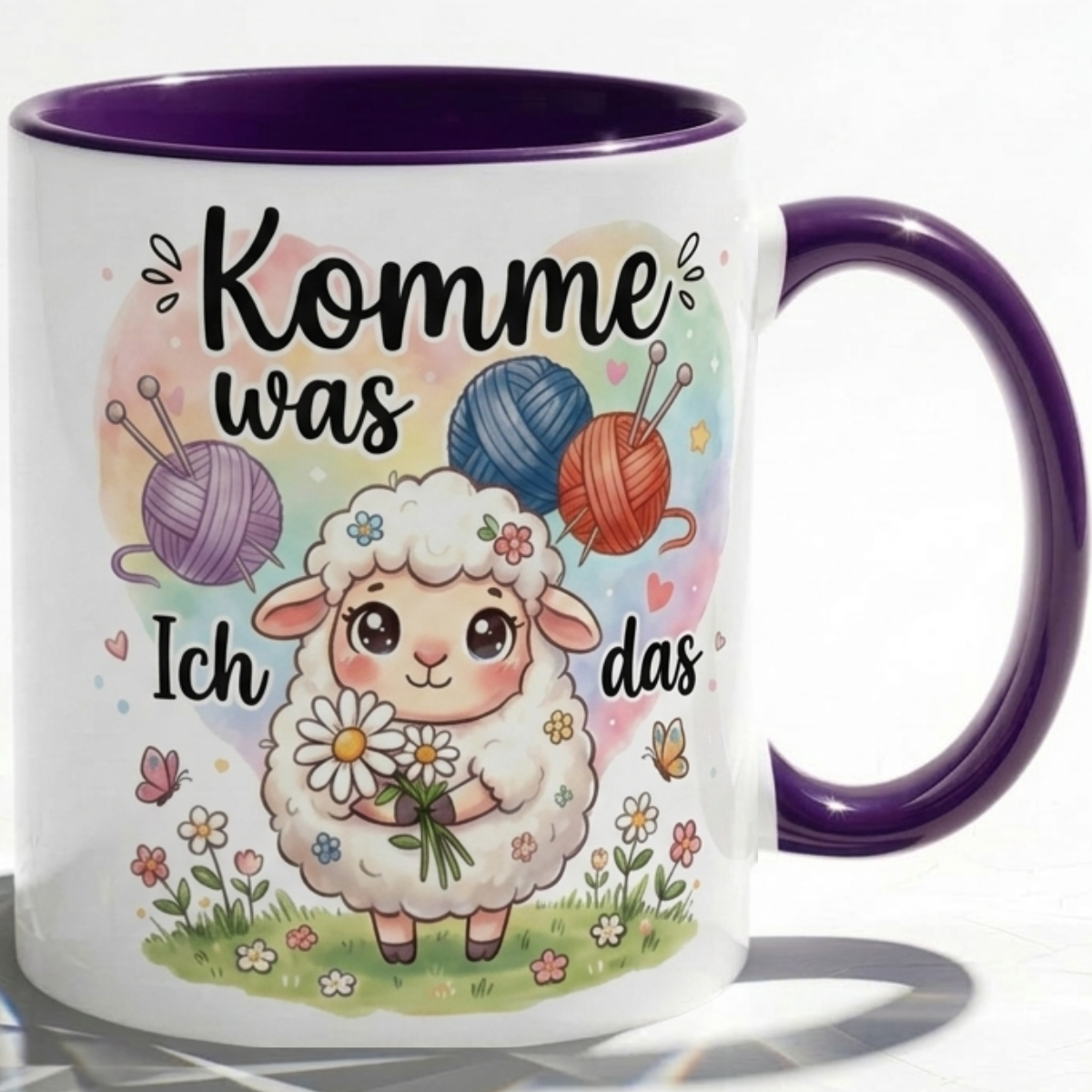 Lustige Schaf Tasse Spruch Komme was wolle Ich schaf das – Witzige Kaffeetasse Stricken Häkeln Wolle Handarbeit Motiv – Geschenk Freundin Geburtstag Mutmacher – Keramik Becher 330ml
