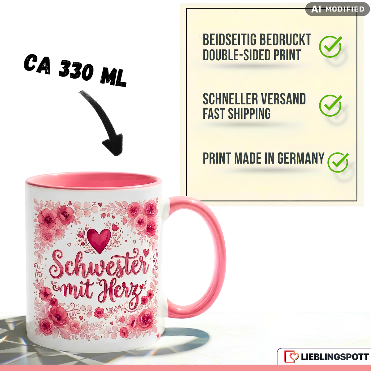 Schwester Tasse mit Herz Spruch Geschenk Geburtstag Rosa Becher 330ml