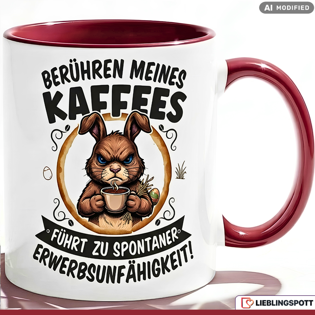 Lustige Hase Tasse Spruch Berühren meines Kaffees führt zu spontaner Erwerbsunfähigkeit – Witzige Kaffeetasse Büro Arbeit Job Humor Morgenmuffel – Geschenk Kollegen – Keramik Becher 330ml