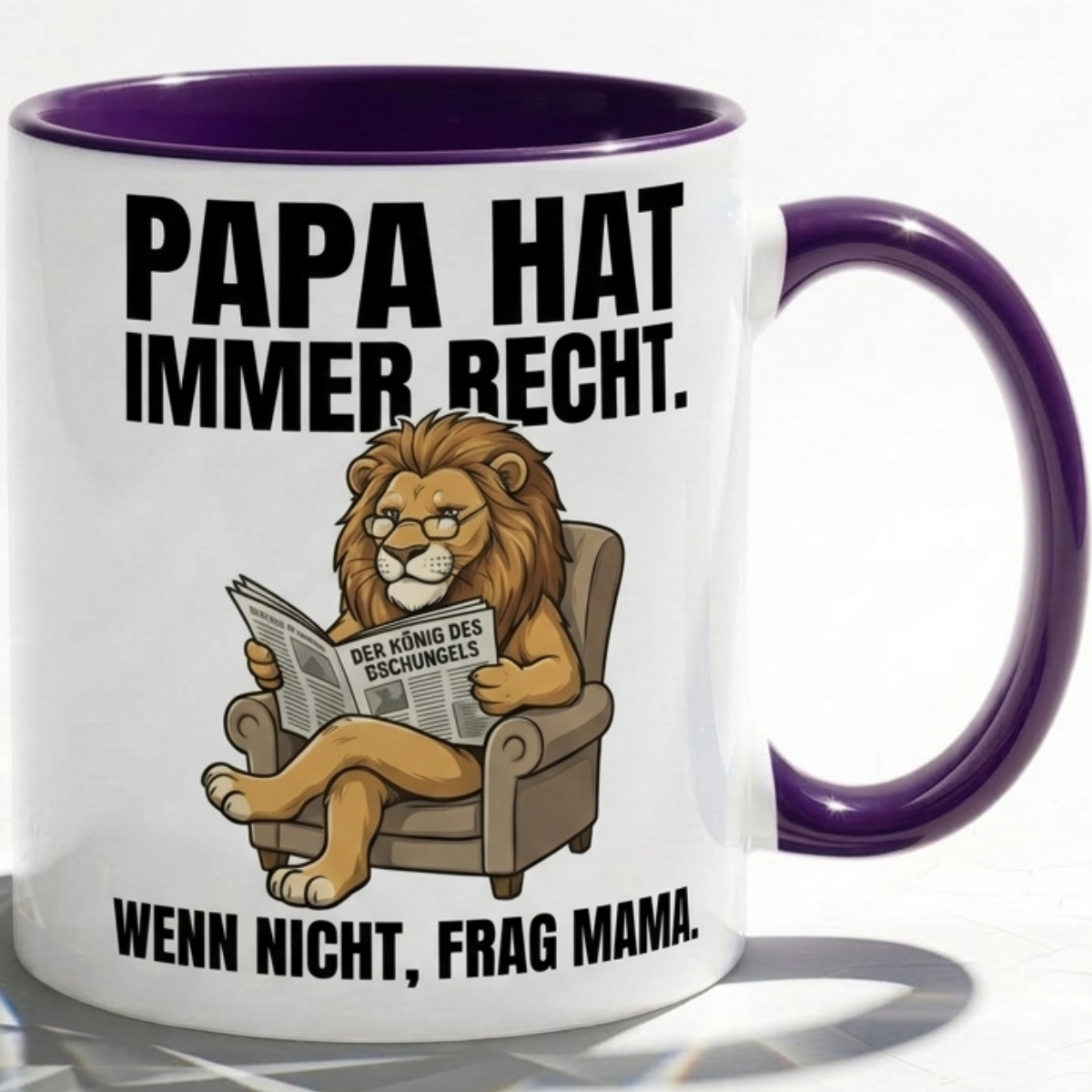 Lustige Papa Tasse Spruch Papa hat immer recht Wenn nicht frag Mama – Witziges Geschenk für Vater zum Vatertag Geburtstag Weihnachten – Löwe König – Keramik Becher 330ml
