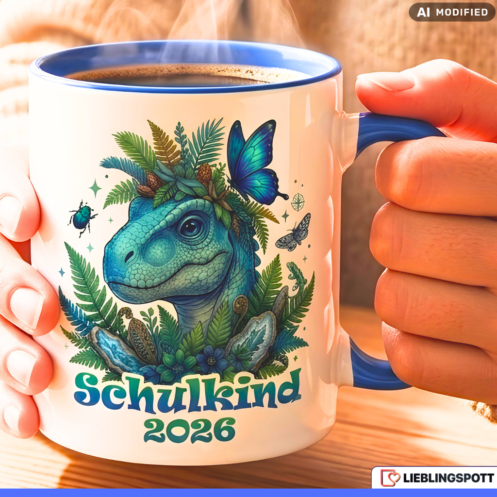 Schulkind Tasse Dino Geschenk Einschulung 2026 Dinosaurier Blau Becher 330ml