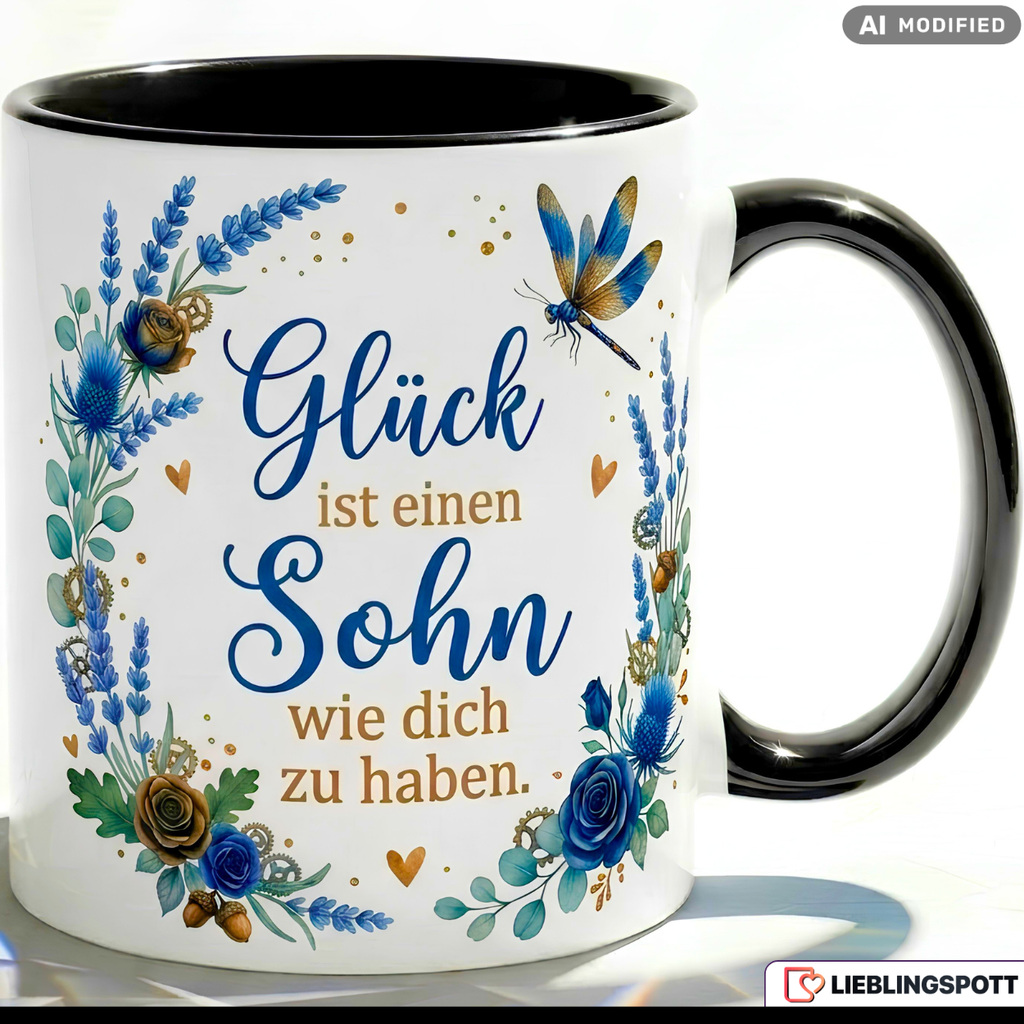 Sohn Tasse Spruch Glück Geschenk Geburtstag Blau Kaffeetasse 330ml