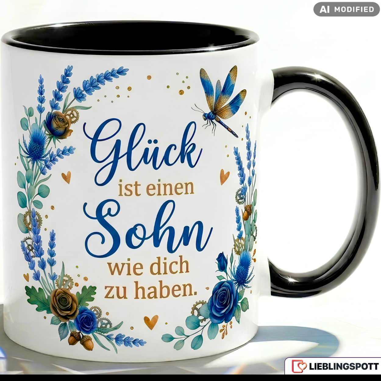 Sohn Tasse Spruch Glück Geschenk Geburtstag Blau Kaffeetasse 330ml