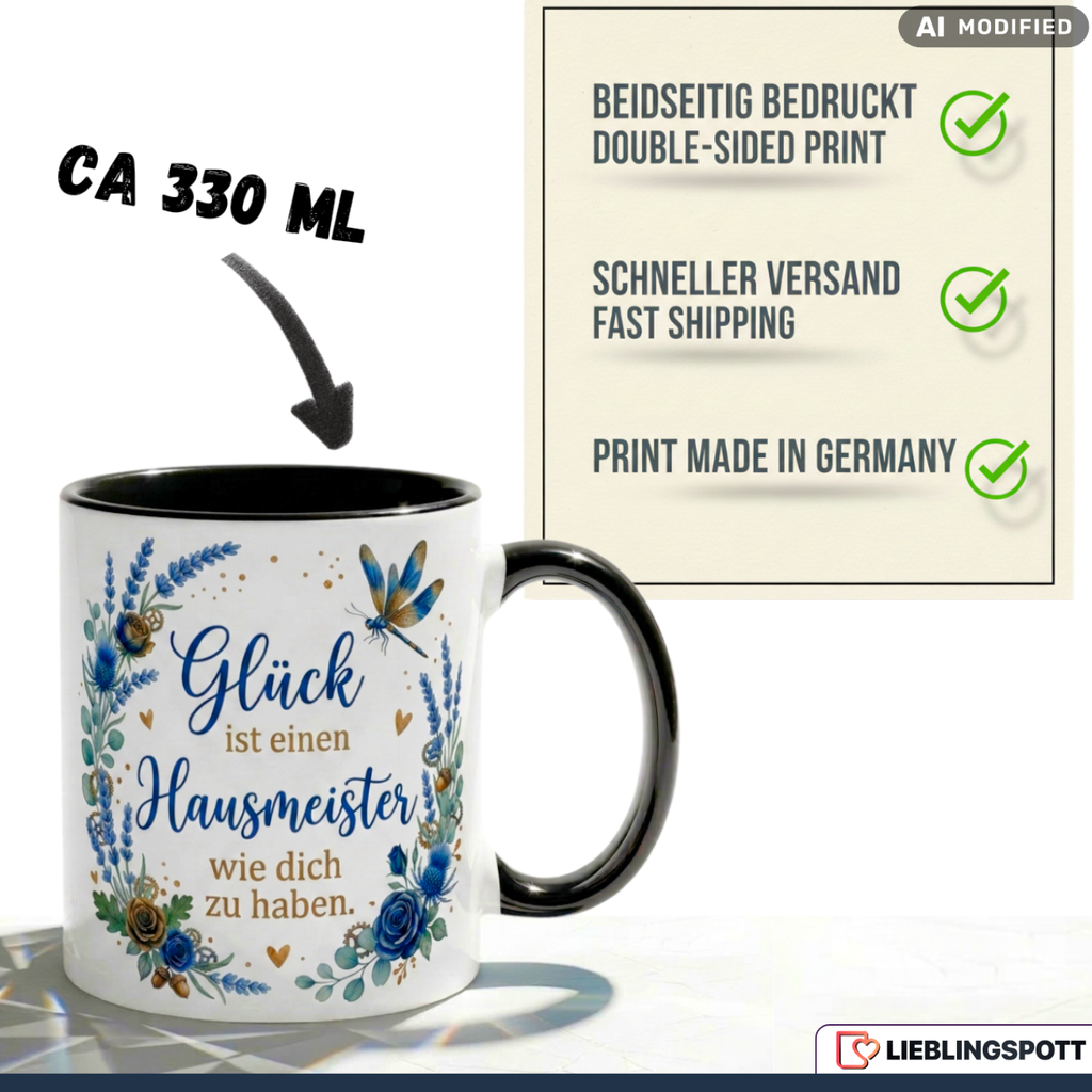 Hausmeister Tasse Spruch Glück Geschenk Danke Geburtstag Blau Becher 330ml
