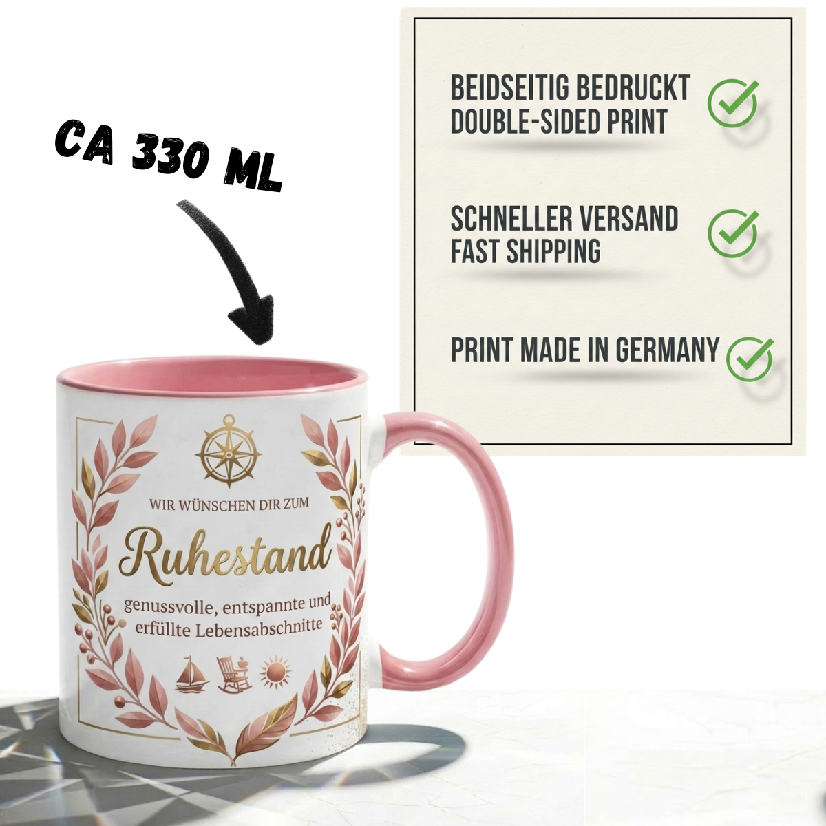 Tasse Spruch Wir wünschen dir zum Ruhestand genussvolle entspannte Lebensabschnitte – Geschenk zum Ruhestand Abschied Kollegin Rente 2026 – Kaffeetasse – Keramik Becher Weiß Rosa 330ml