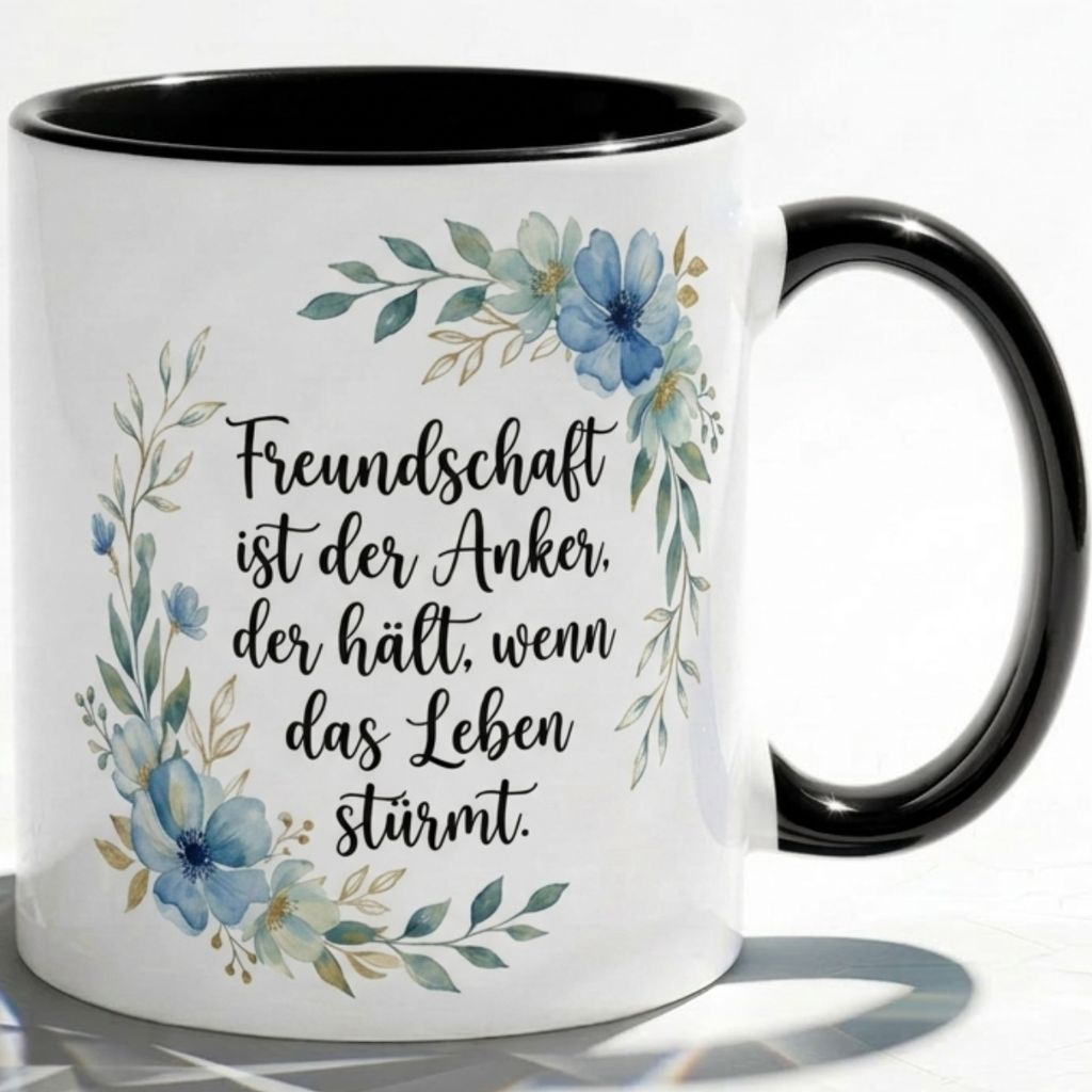 Freundschaft Tasse Spruch Freundschaft ist der Anker der hält wenn das Leben stürmt – Geschenk beste Freundin Geburtstag Abschied Danke – Kaffeetasse Blumen – Keramik Becher 330ml