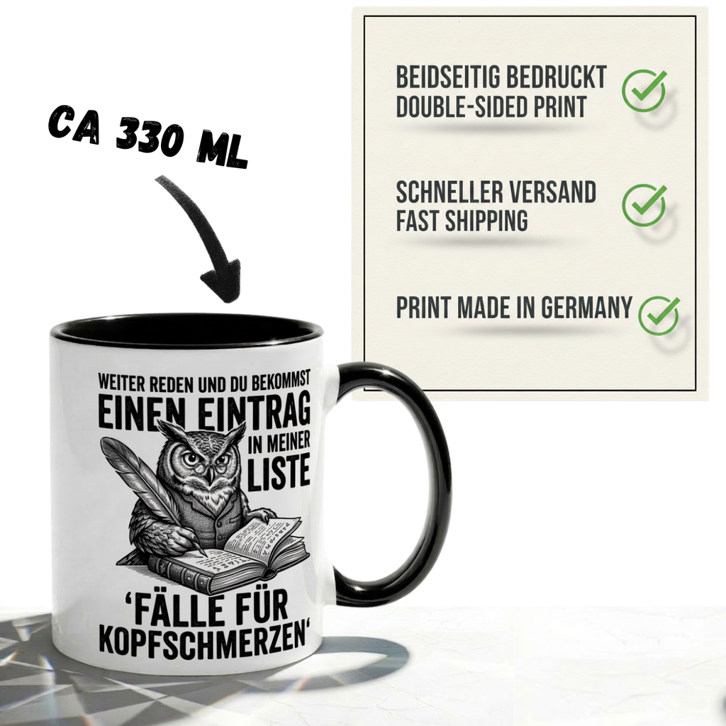Lehrer Tasse Spruch Weiter reden und du bekommst einen Eintrag in meiner Liste – Lustiges Geschenk Kollegen Büro Humor Eule – Kaffeetasse Sarkasmus – Keramik Becher Weiß Rot Dunkelrot 330ml