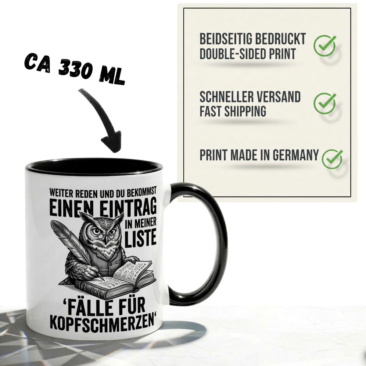 Lehrer Tasse Spruch Weiter reden und du bekommst einen Eintrag in meiner Liste – Lustiges Geschenk Kollegen Büro Humor Eule – Kaffeetasse Sarkasmus – Keramik Becher Weiß Rot Dunkelrot 330ml