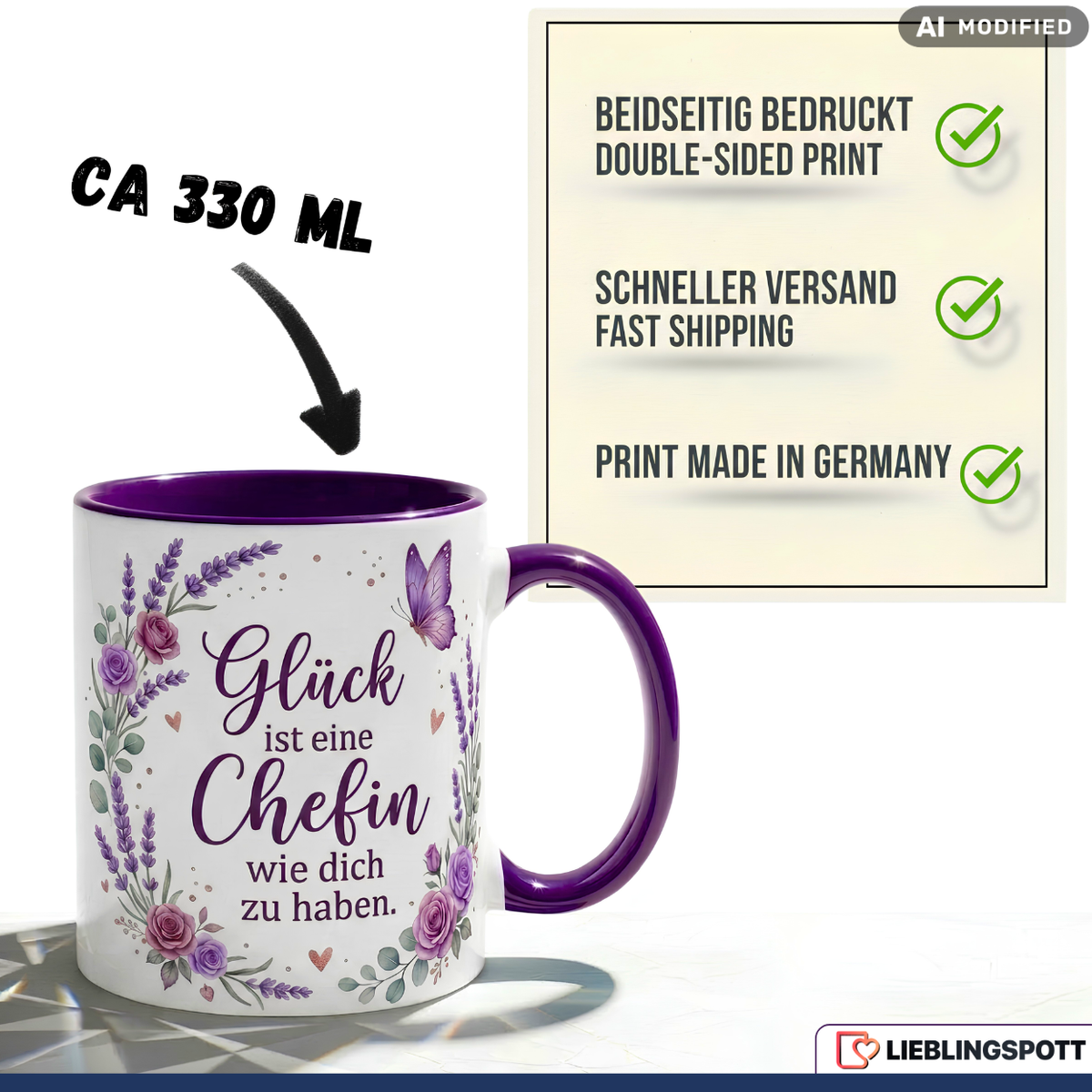 Chefin Tasse Spruch Glück Geschenk Danke Abschied Lila Becher 330ml