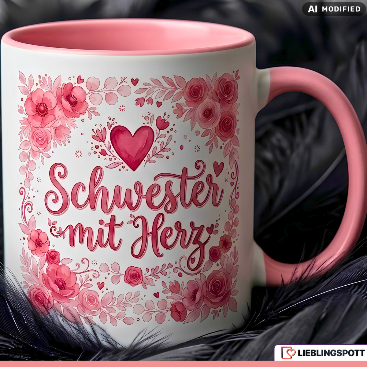 Schwester Tasse mit Herz Spruch Geschenk Geburtstag Rosa Becher 330ml