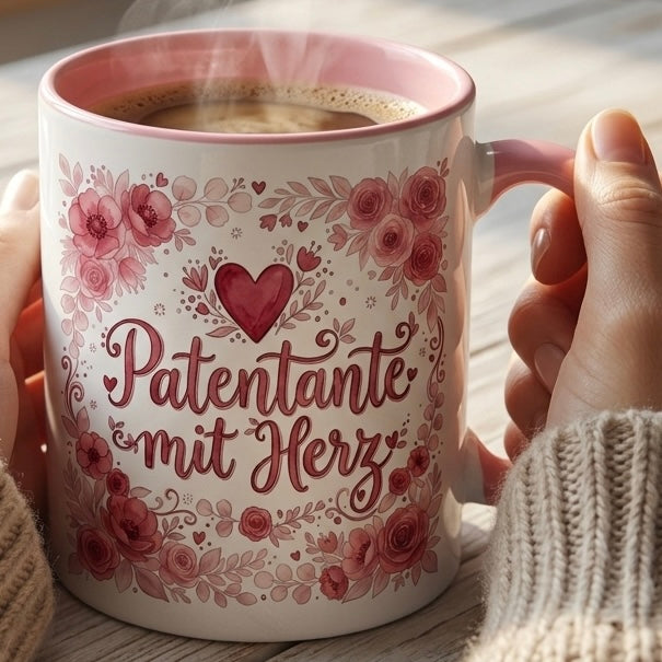 Patentante Tasse Spruch Patentante mit Herz – Geschenk für Patin Geburtstag Danke Taufe Kommunion Weihnachten Patenkind – Kaffeetasse Blumenmotiv – Keramik Becher Weiß Rosa 330ml