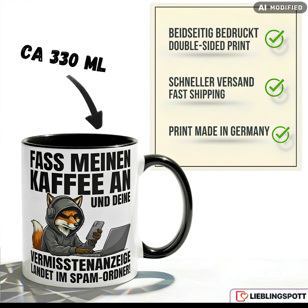 Fox Mug Saying Touch My Coffee and a Missing Persons Report Lands in Your Spam Folder – Funny Coffee Mug Office Work Job IT Hacker Humor – Gift for Colleagues – Ceramic Mug 330ml